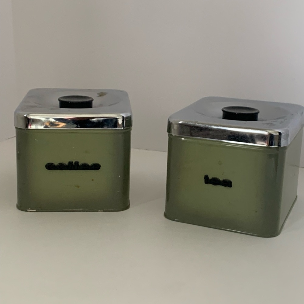 3/$25 VTG The Queen Line Tin Coffee Canisters Set Coffee Tea Green Retro Kitchen